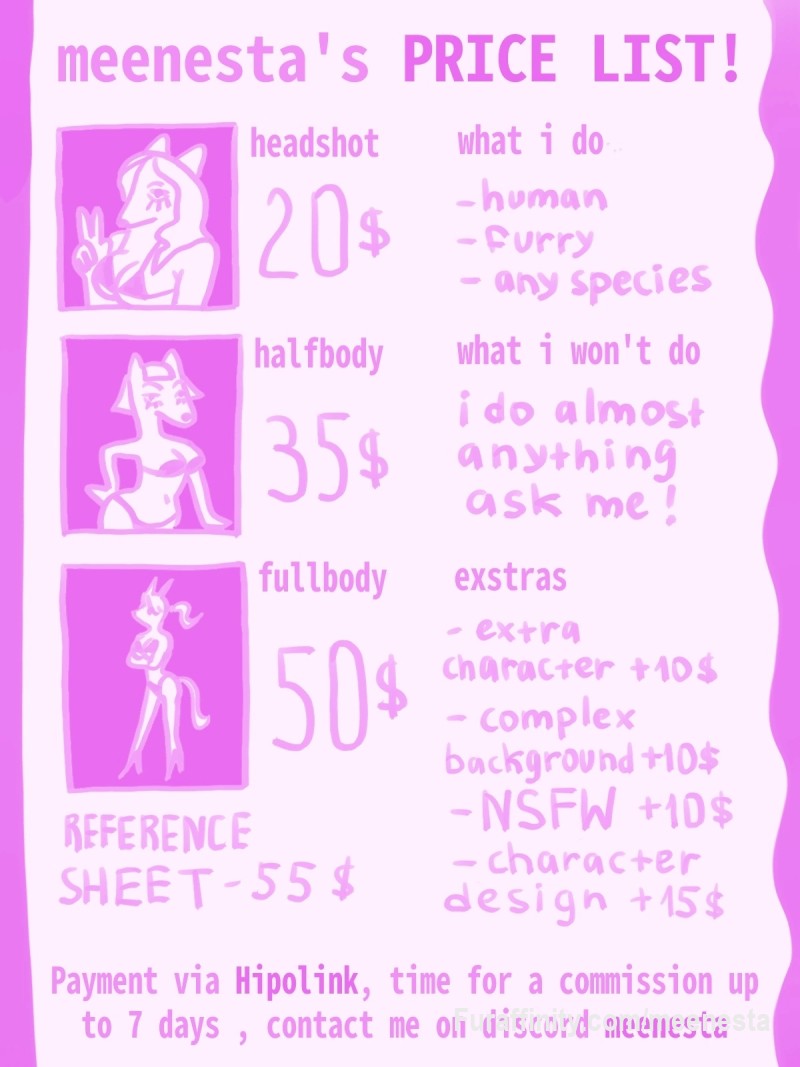 Comms open! I'll draw almost anything you want 
Contact me on discord: meenesta