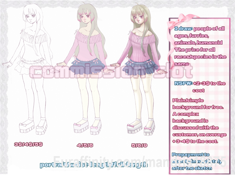 My price list. I draw whatever you want, any fetishes and ideas🩷  Payment via hipolink, but if you do not have the opportunity to pay via boosty. You can find me and my auctions in ych: https://ych.commishes.com/user/Mandris